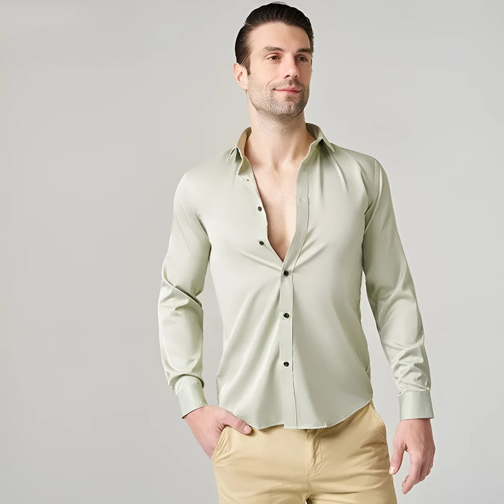 Men's stretch long sleeve work shirt in polyester, shown in multiple colour options.