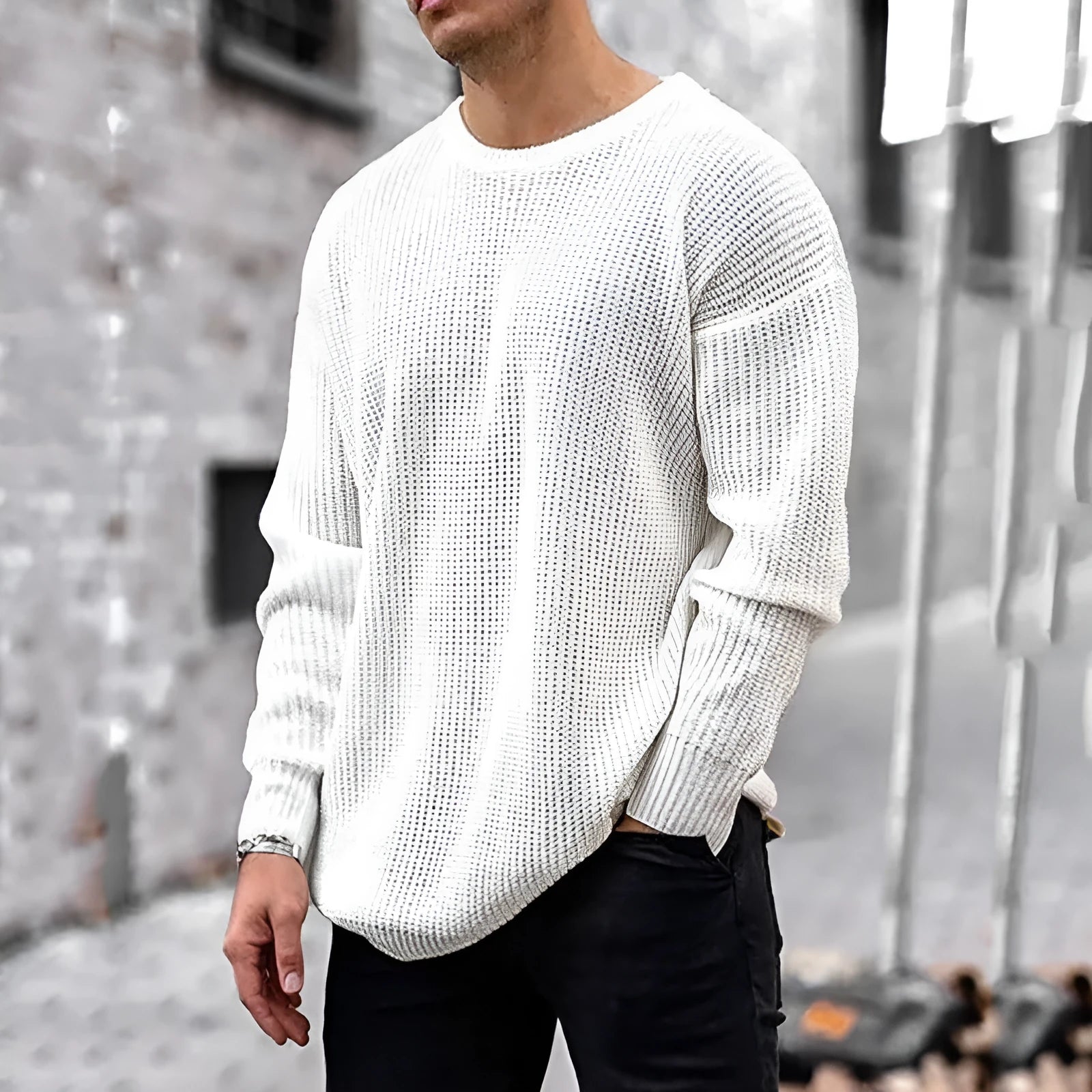 Men's acrylic knit sweater solid colour round neck long sleeve in white on model