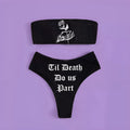 Women's black rose high waist bikini set with tube top and backless swim trunks on model