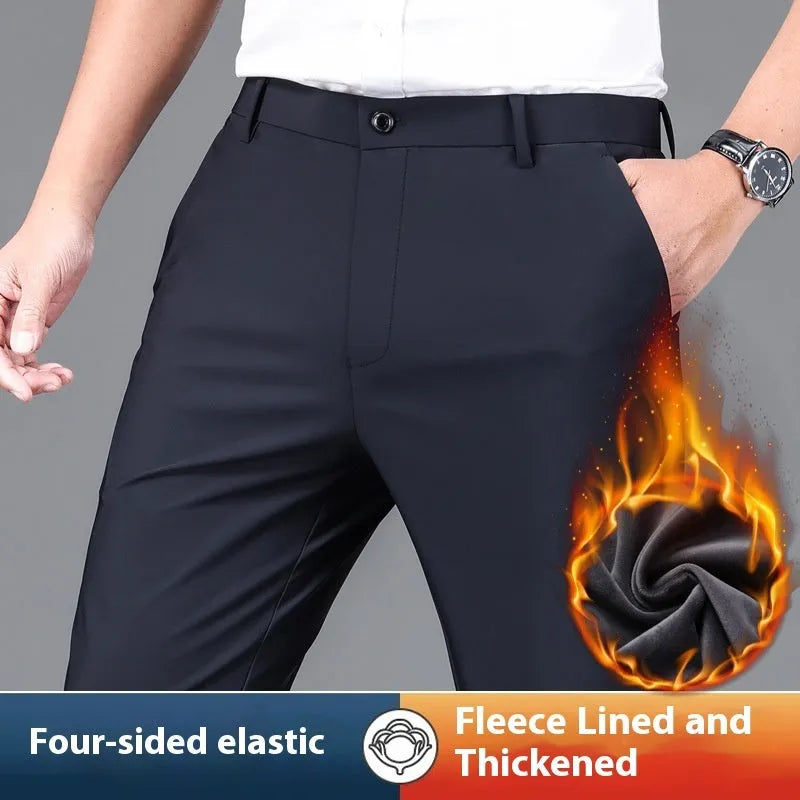 Fleece-lined men's straight leg trousers in black, side view showing draping effect