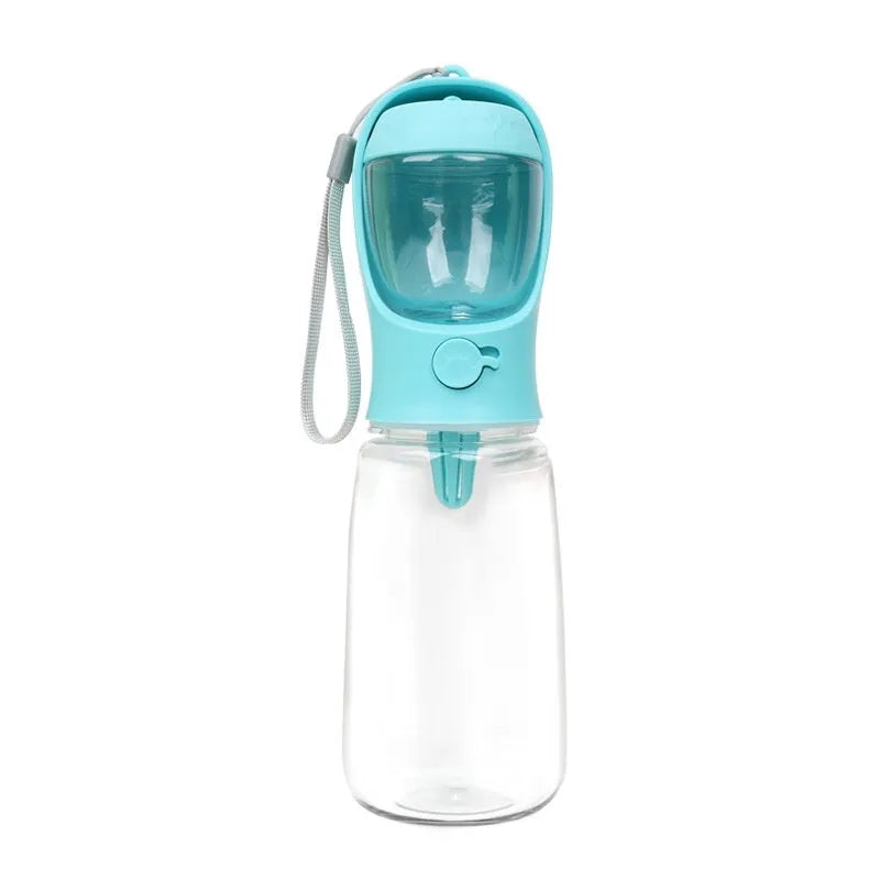 Blue portable dog water bottle with dual drinking and grain compartments