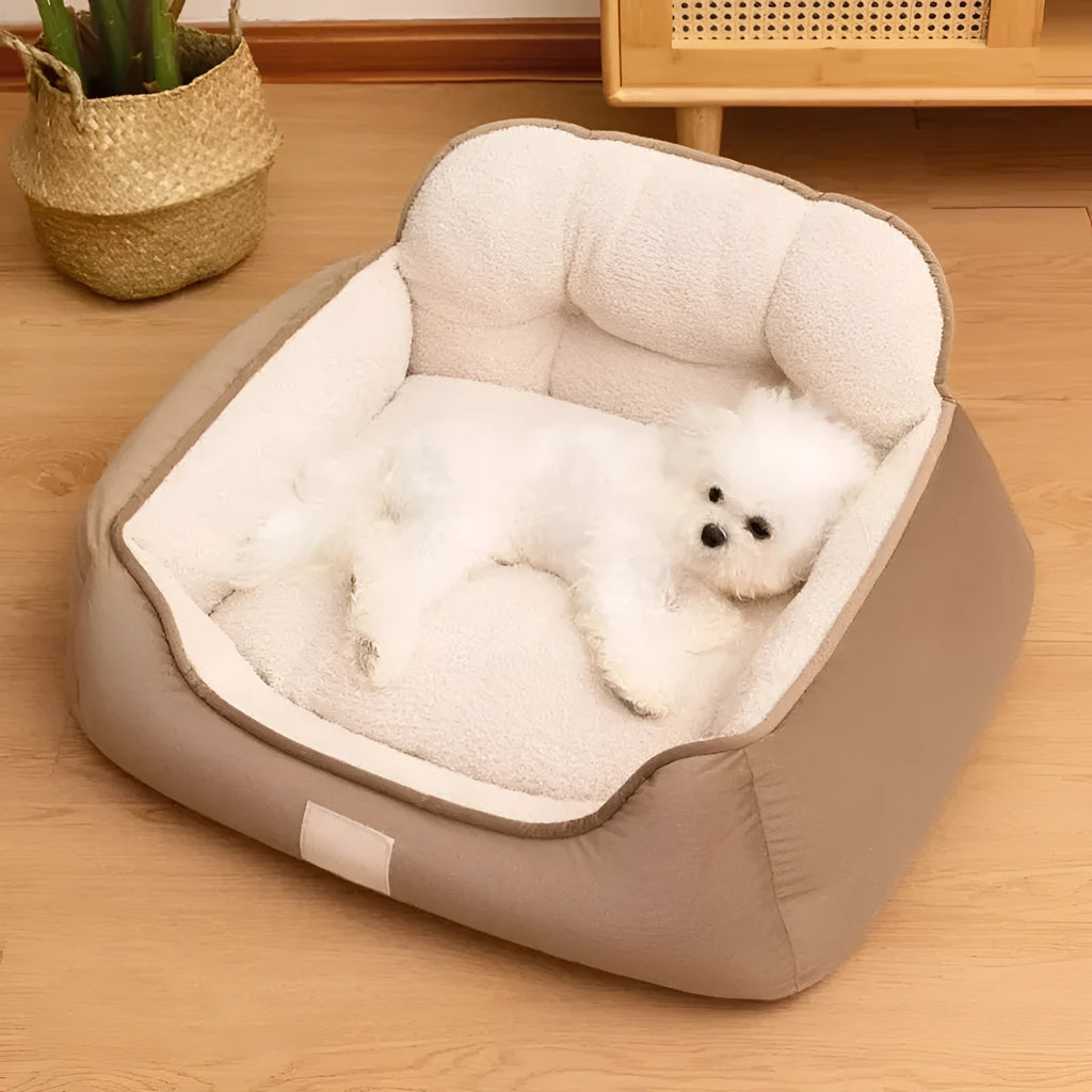 Medium plush foam dog bed in grey with raised edges and non-slip base, size M 60x50x29cm