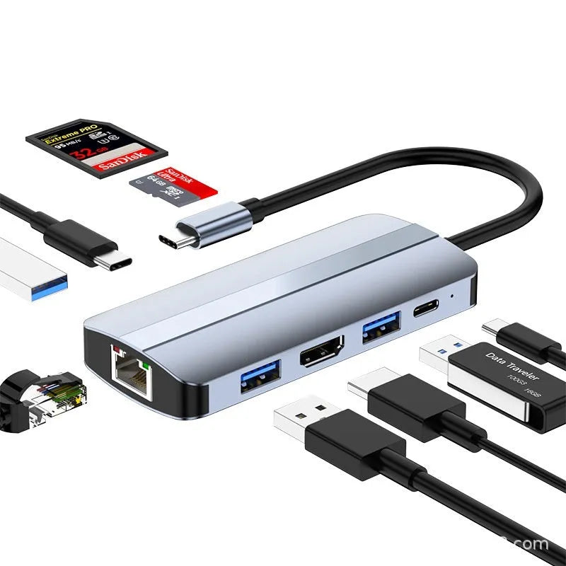 USB-C 7-in-1 expansion dock with HDMI port, multiple USB ports, and a 15cm black cable.