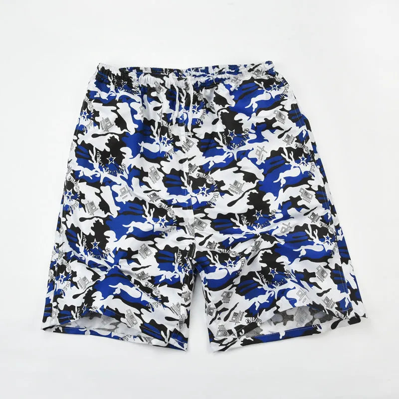 Men's floral printed swimming trunks in polyester with five-point design for beach and pool use