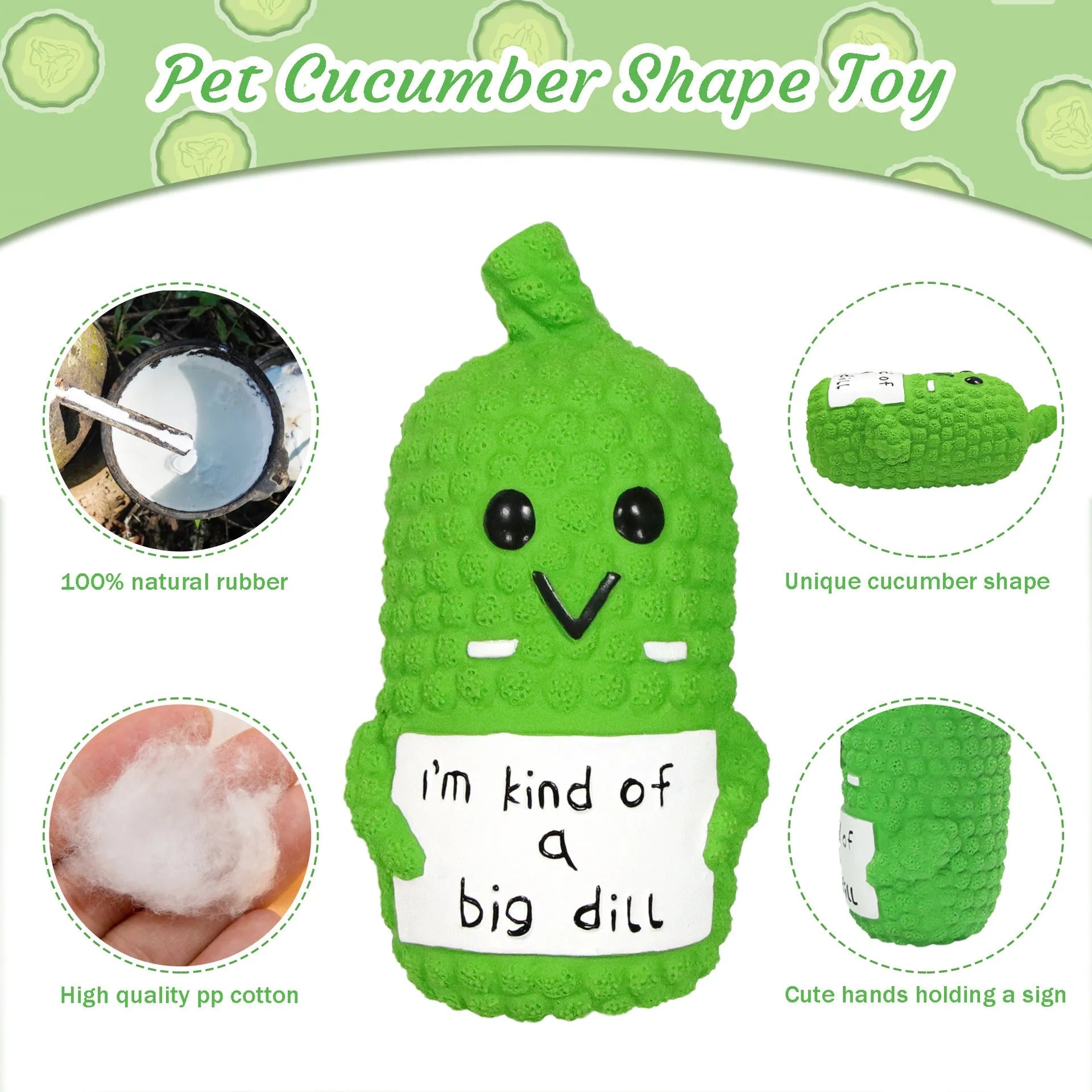 Green latex pickle-shaped dog chew toy with a nubby texture and squeaker inside.