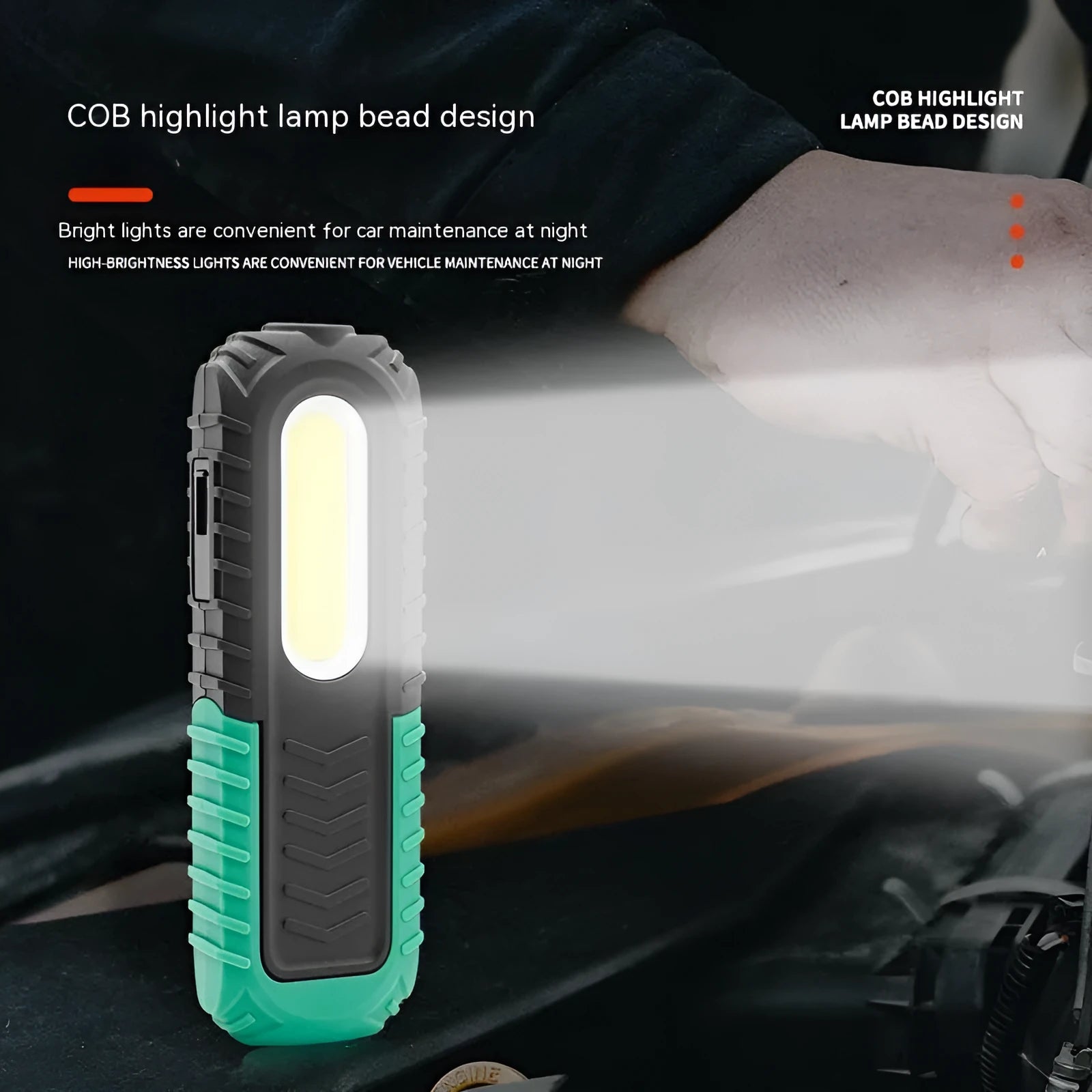 Black and green USB auto repair work light for vehicle inspection