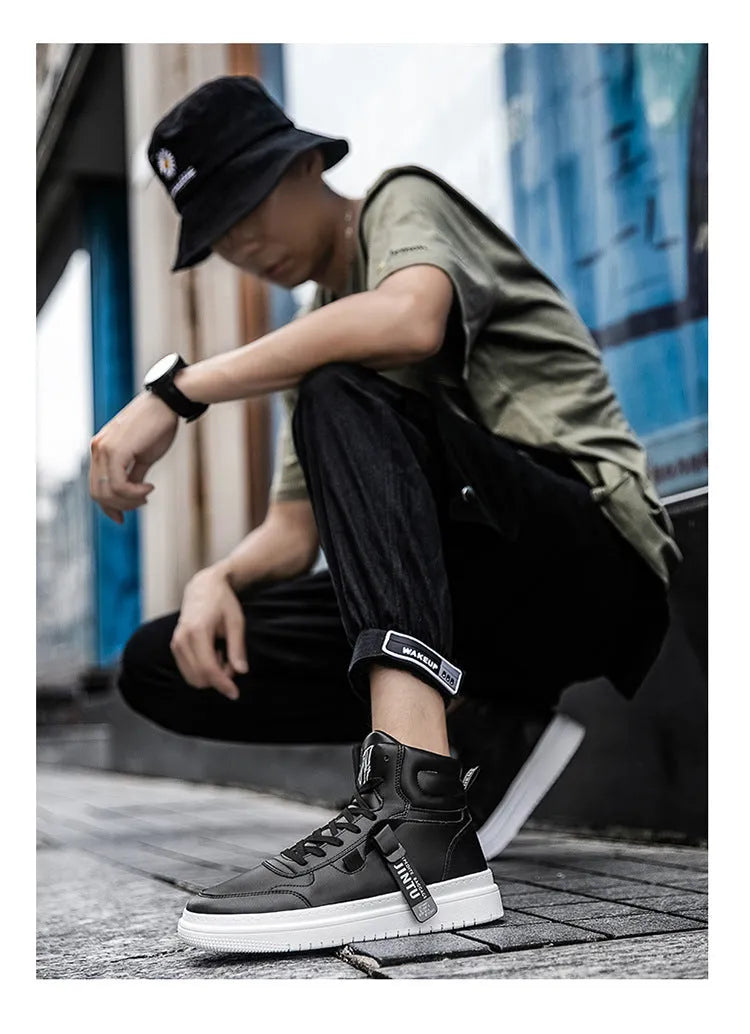 Men's Korean style short boots in white with faux leather upper, side view showing clean silhouette