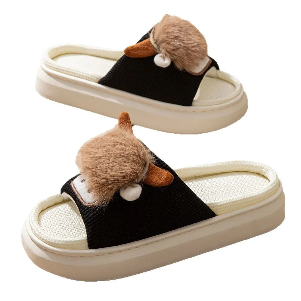 Women's linen indoor slippers with EVA soft sole, hollow-out upper, toe ring flip flop style, khaki or black, sizes 36-45