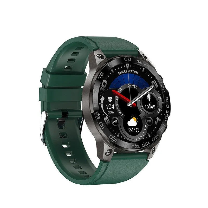 Black Bluetooth smartwatch with round AMOLED display on a silicone sports strap.