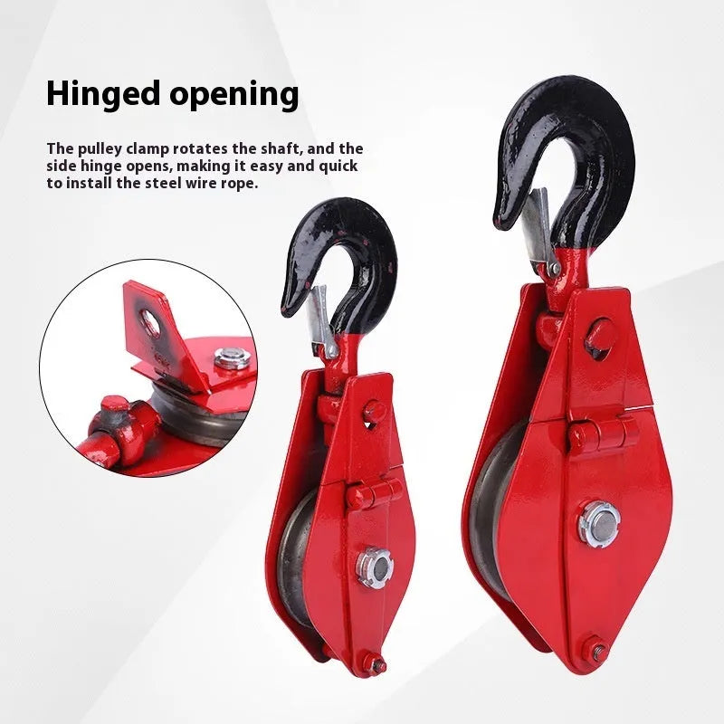 Red and galvanised A3 steel industrial lifting pulley with safety latch on hook.