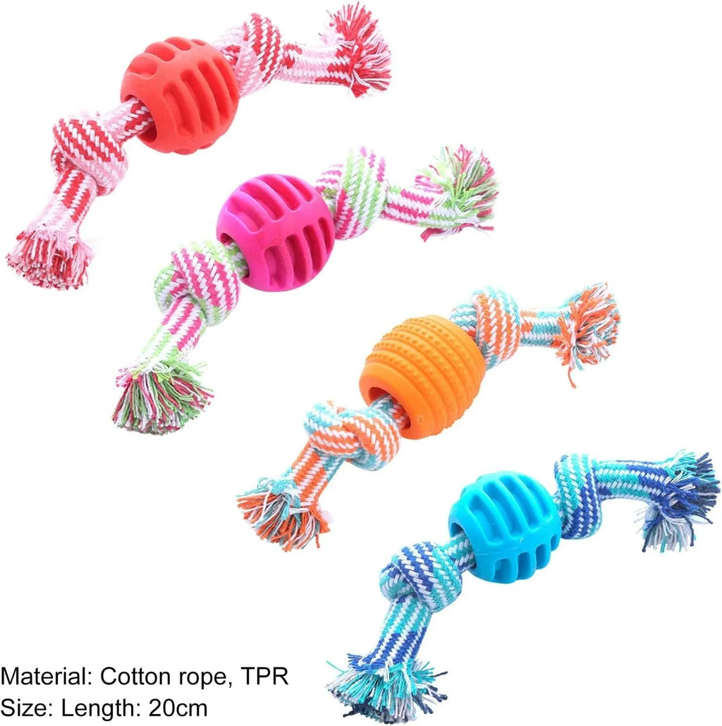 Blue molar-shaped nylon dog chew toy with green rope arms on a white background
