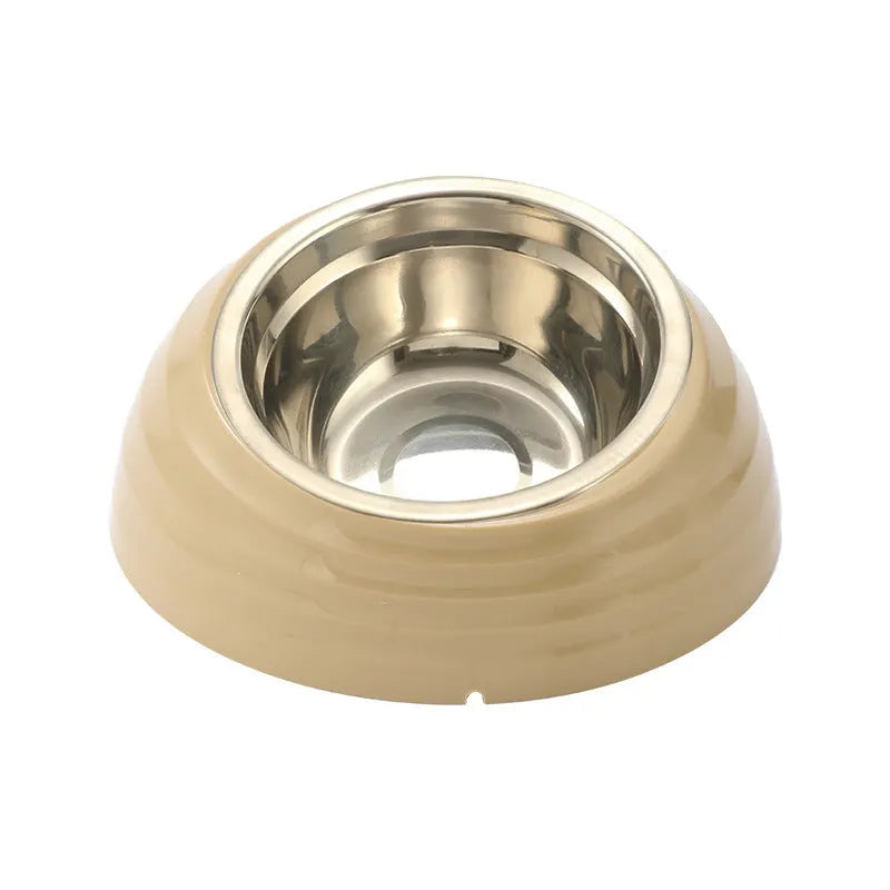 Stainless steel cat bowl with plastic non-slip base in a choice of beige, brown, or light green colours.