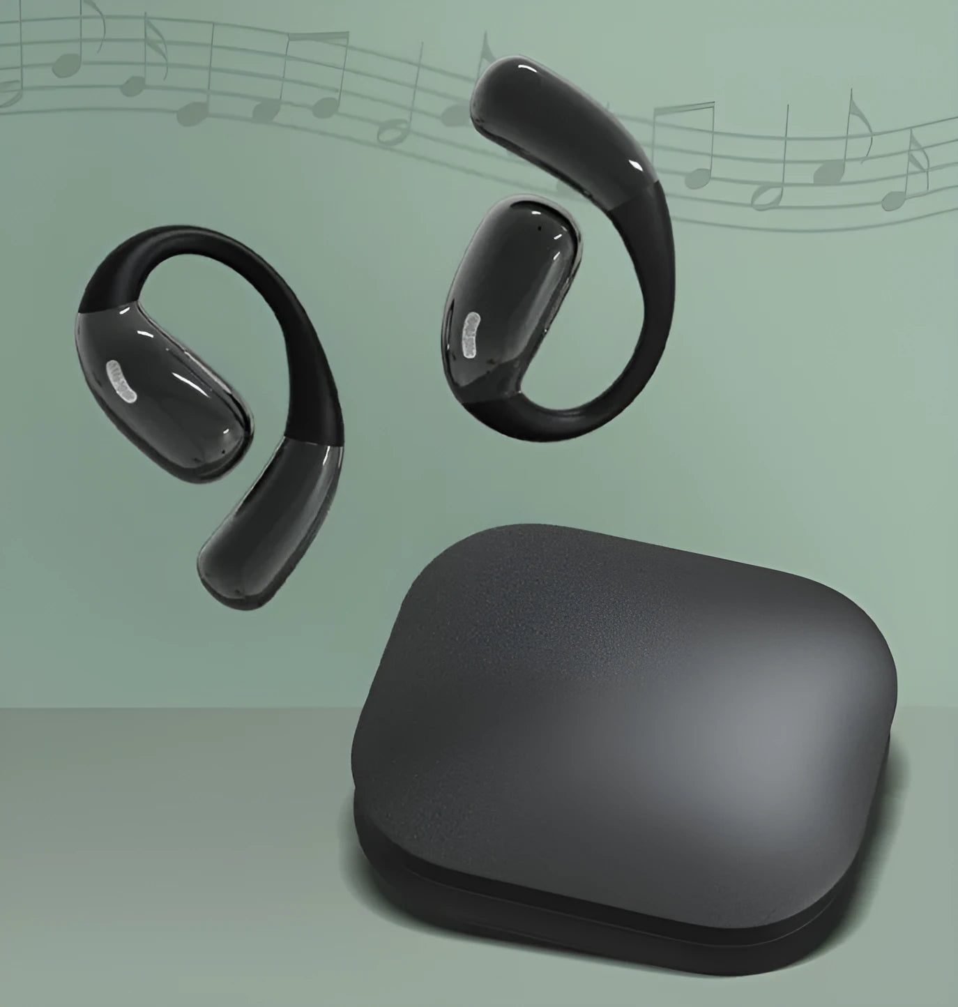Hanging Bluetooth earphones A51 in black on a charging case, with Type-C port