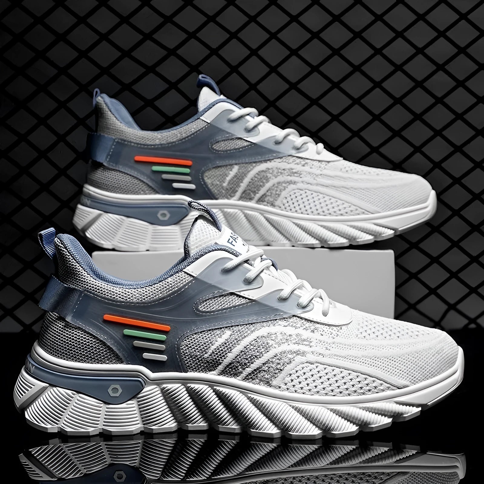 Men's white blue and black platform casual running shoes with cross straps and mesh upper.