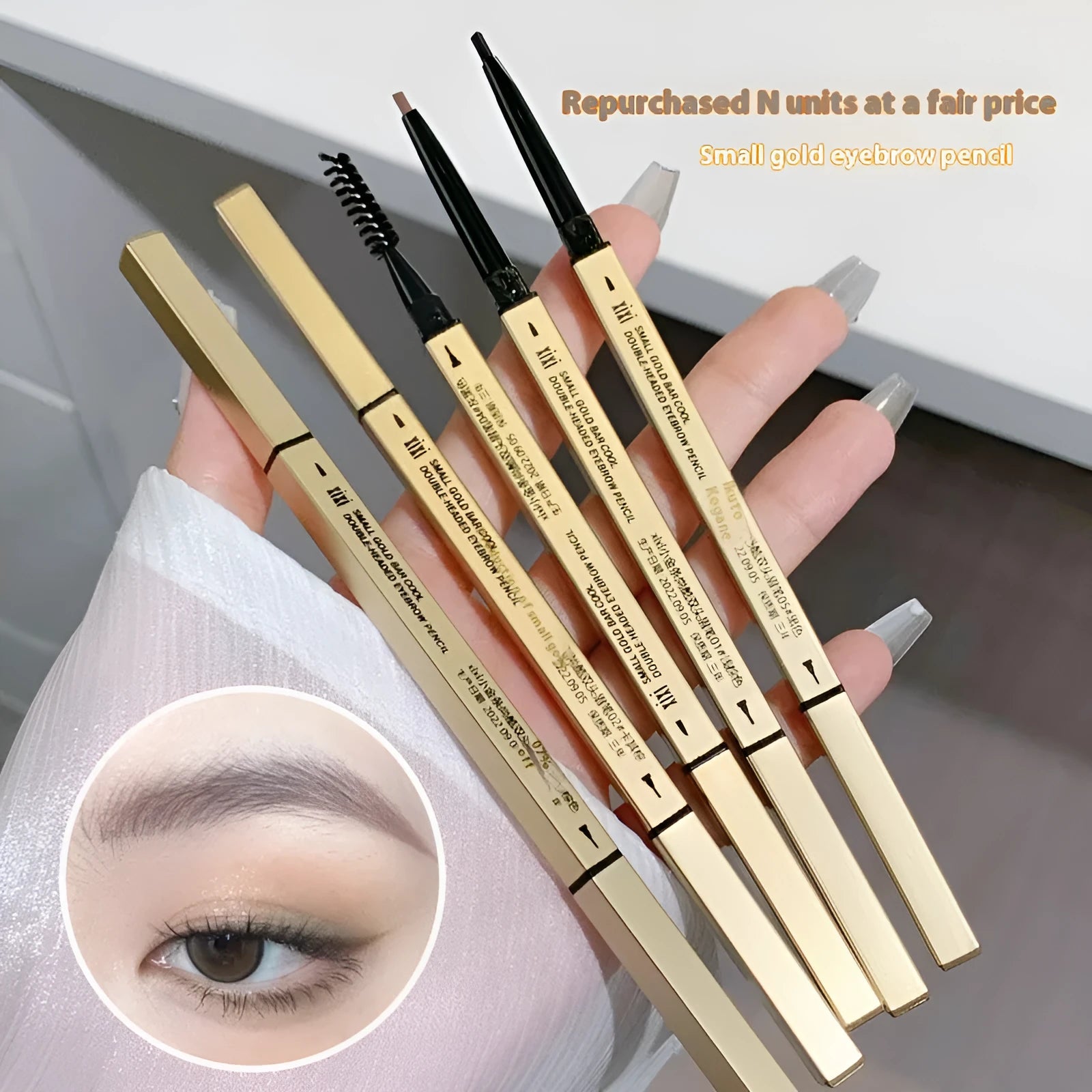 Small gold chopstick design ultra-fine eyebrow pencil shown in five colour shades.