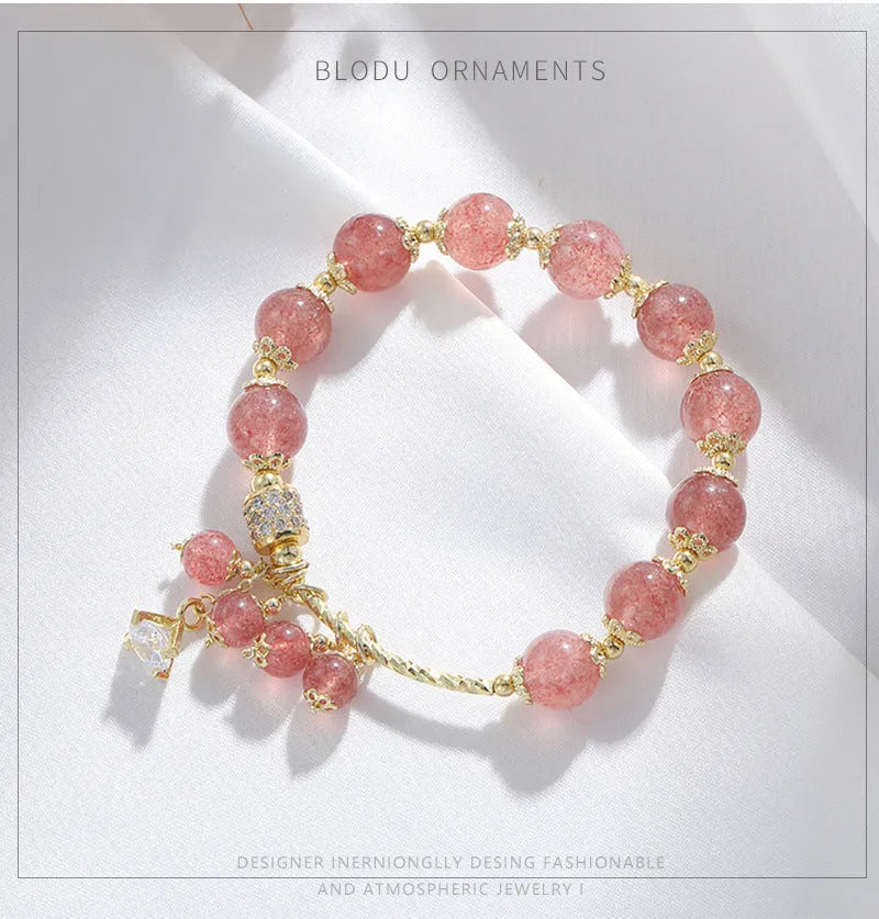 Pink strawberry quartz crystal women's bracelet with heart-shaped charm and pearl accents