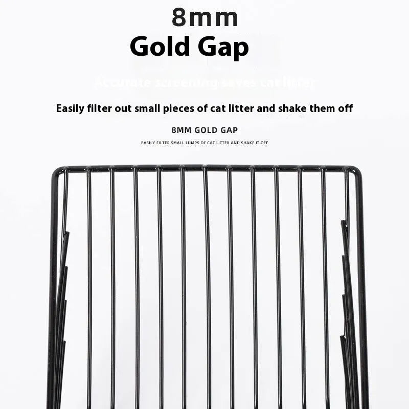 Black metal cat litter scoop with 0.8cm slot spacing for sifting clumping and non-clumping litter