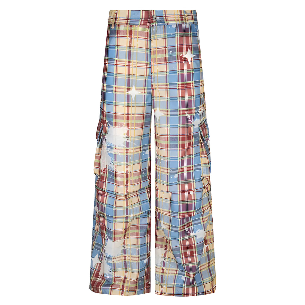 Men's blue retro plaid casual trousers with straight leg design on hanger
