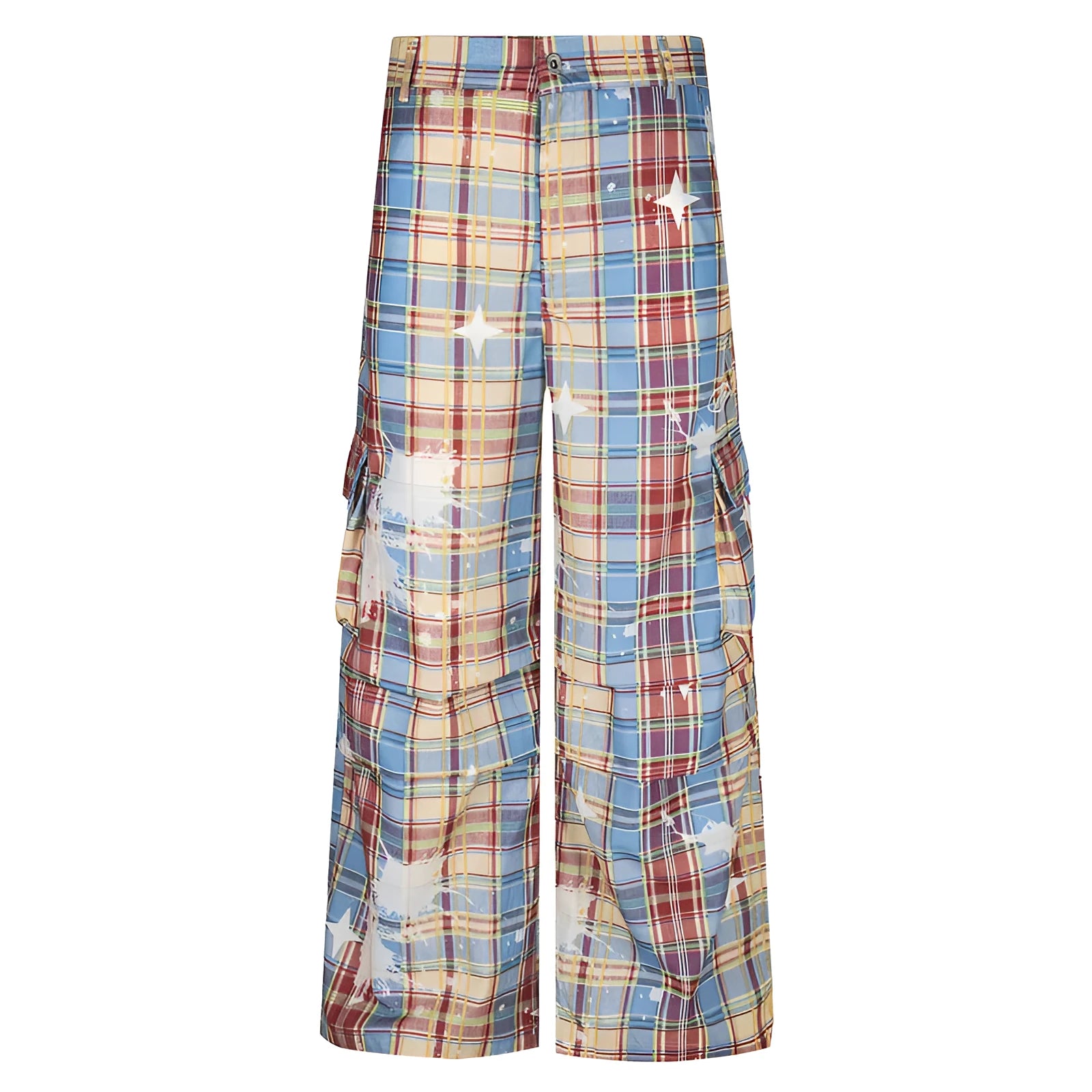 Men's blue retro plaid casual trousers with straight leg design on hanger