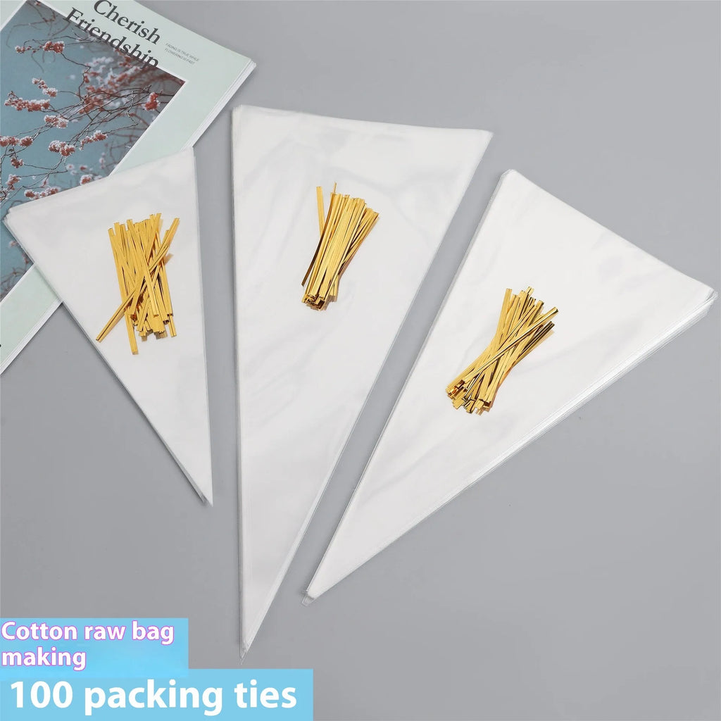 Clear triangular OPP plastic packaging bag with a twisted metal wire tie sealing the top.