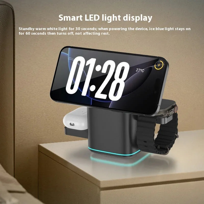 Black mobile phone magnetic wireless charging stand showing 180-degree rotation capability with Type-C cable