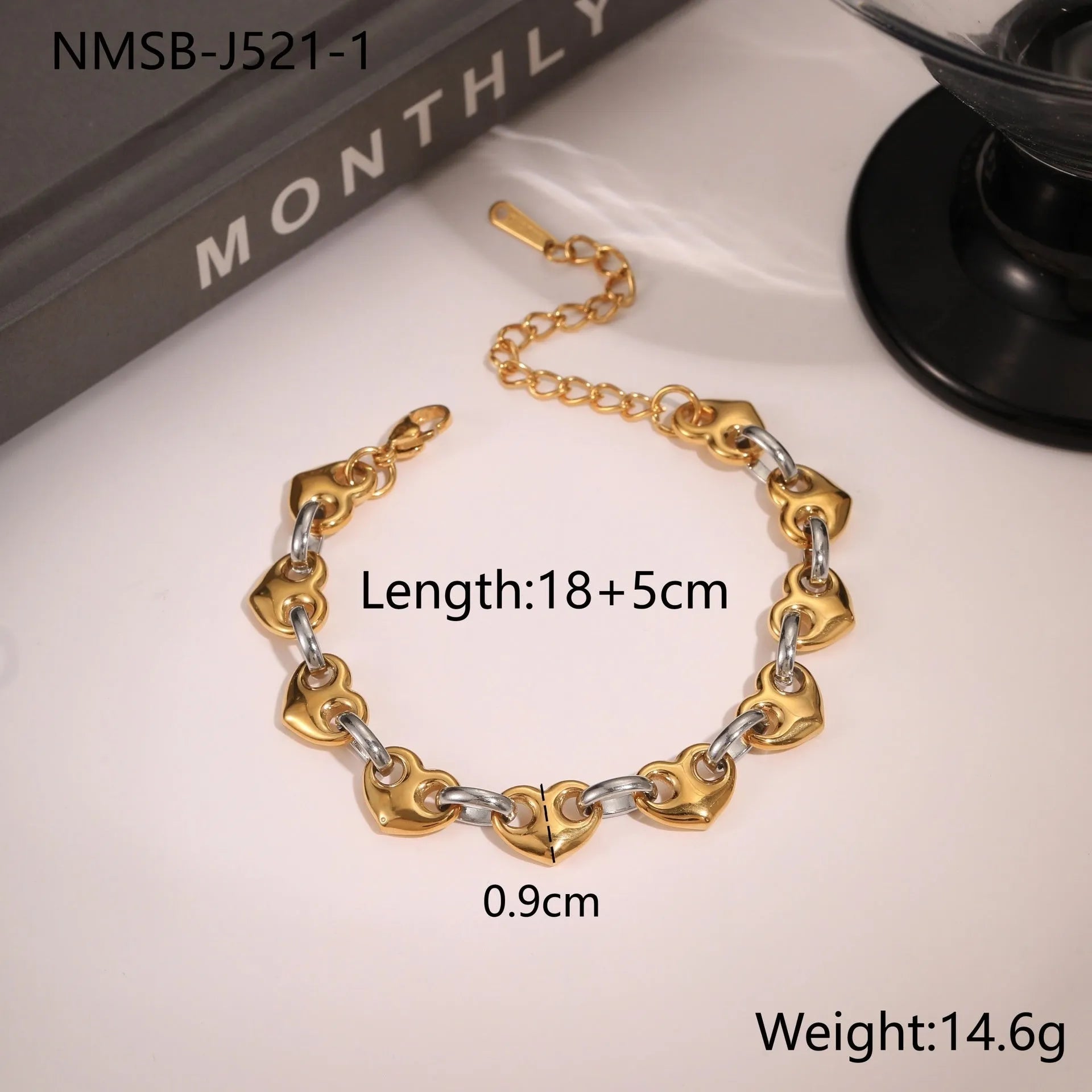 18K stainless steel hollow heart bracelet for women in gold, steel, or colour-blocked finish.
