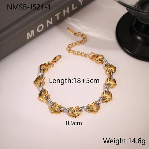 18K stainless steel hollow heart bracelet for women in gold, steel, or colour-blocked finish.