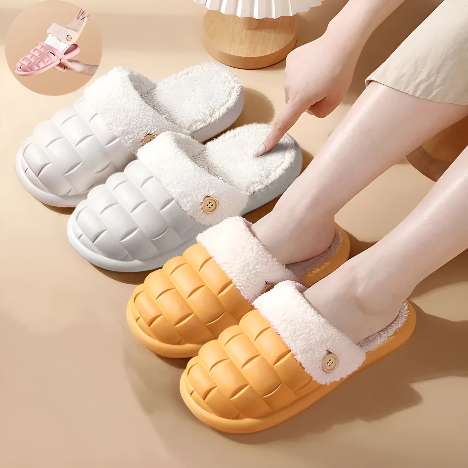 Pink and green detachable EVA slippers with plush lining and a textured sole.