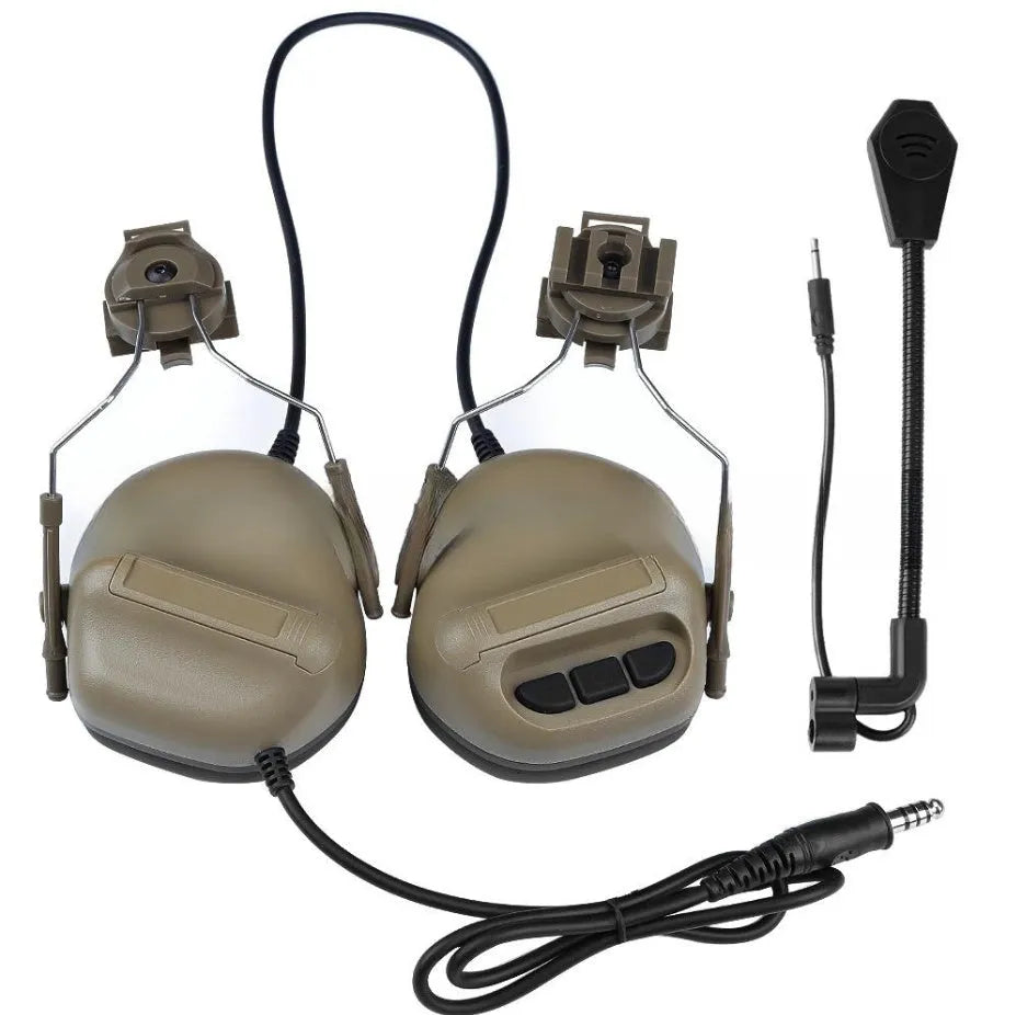 Helmet-style tactical headset with fifth generation chip noise reduction in black colour