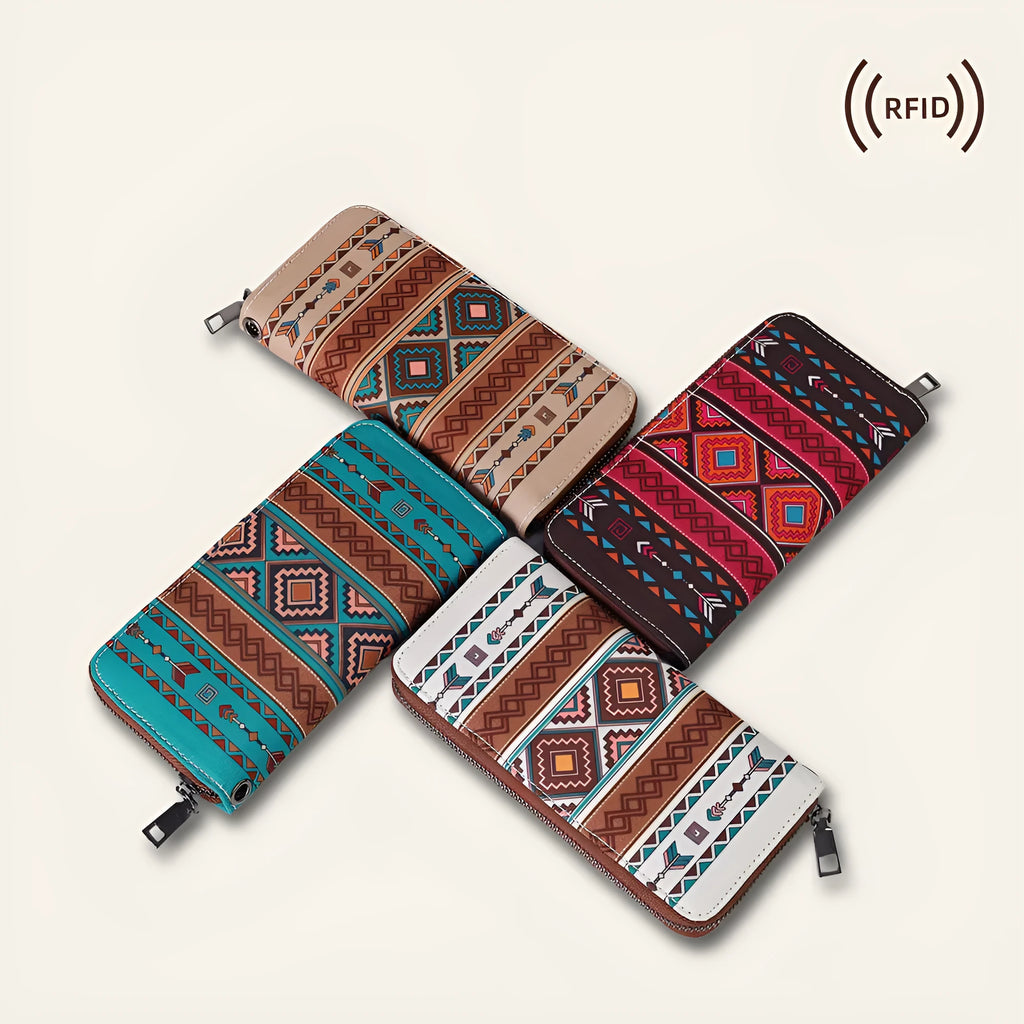 Bohemian striped canvas RFID wallet in multiple colours showing 20x10x2cm dimensions