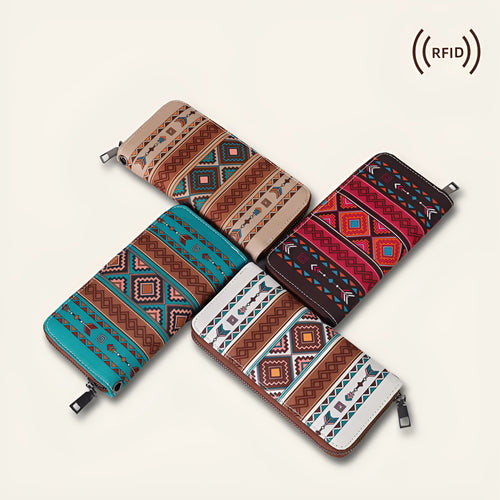 Striped canvas RFID wallet with bohemian pattern showing interior card slots