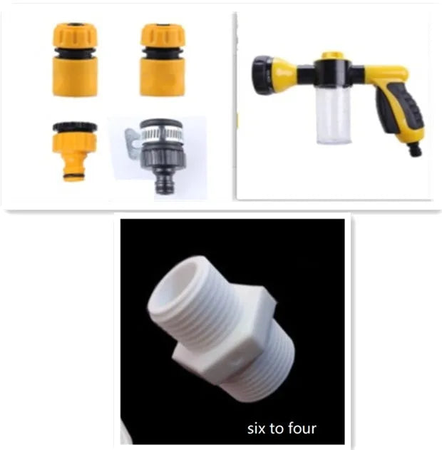 Green high-pressure foam spray gun with adjustable nozzle and attached water hose for car and garden cleaning.