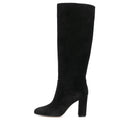 Suede pointed toe block heel ankle boots in black with oversleeve styling and 6-8CM high heel