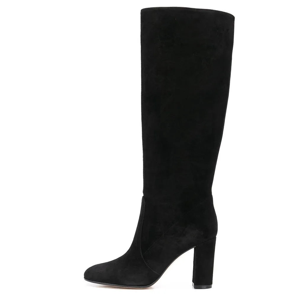 Suede pointed toe block heel ankle boots in black with oversleeve styling and 6-8CM high heel