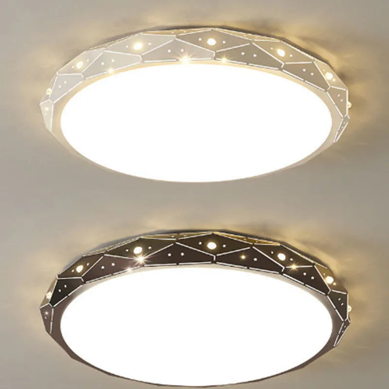 Round iron frame LED ceiling light showing black and white finish options in various diameters