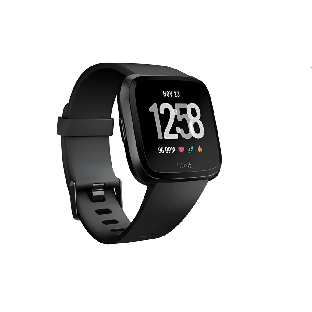 Black smart watch with heart rate monitoring and sleep tracking on a wrist, showing the 1.4-inch screen display