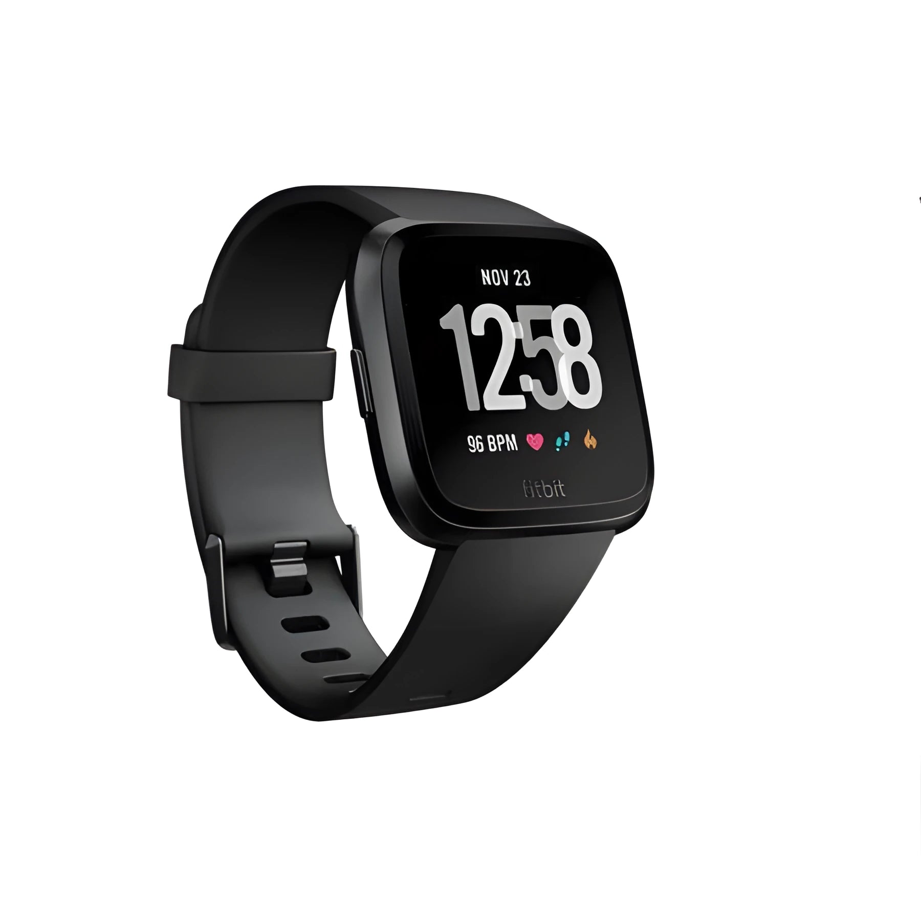 Black smart watch with heart rate monitoring and sleep tracking on a wrist, showing the 1.4-inch screen display