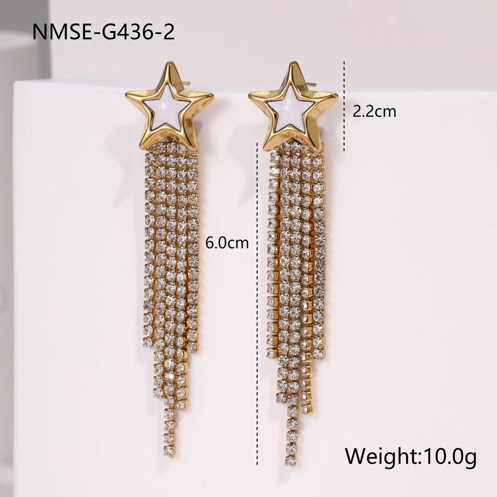 Stainless steel electroplated earrings with diamond tassel, heart shapes and five-pointed star geometric design