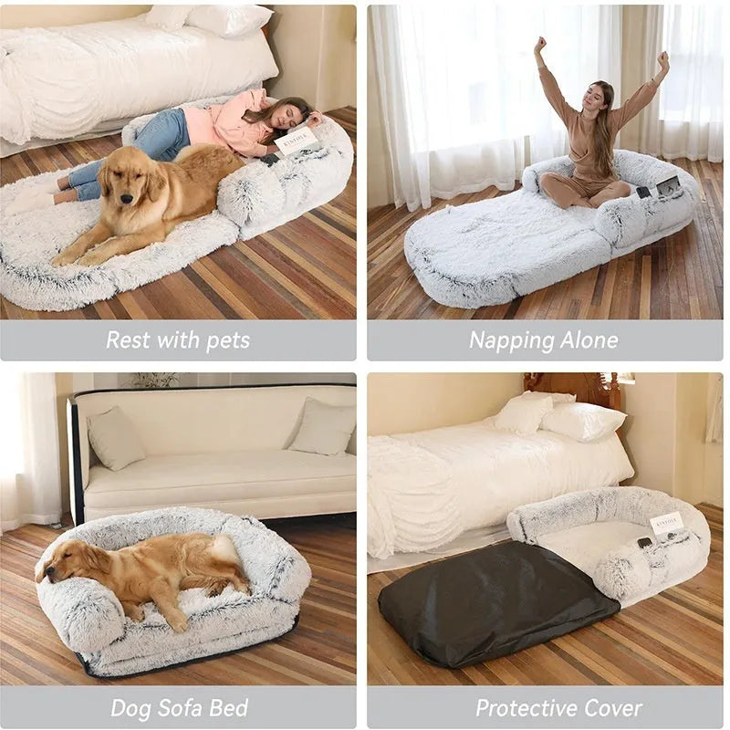 Human pet sofa dog bed in cloth, 180x115x25cm, long hair light grey or dark grey, removable and washable.
