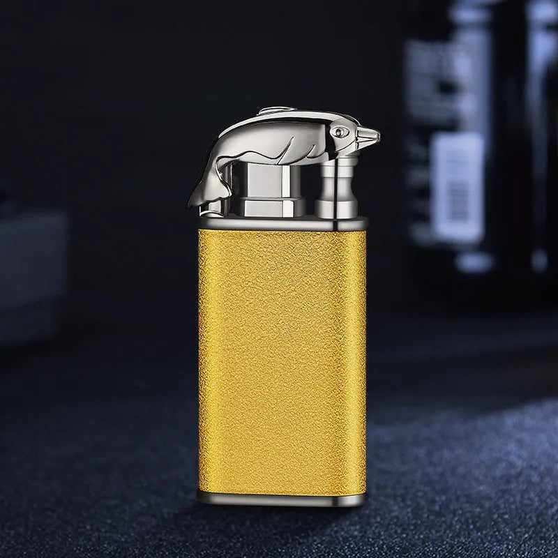 Creative blue flame lighter with windproof double fire and novelty dragon design, metal body