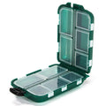 Plastic fishing tackle storage box with 10 compartments in black, blue, or green, dimensions 9.5x6.5x3cm.
