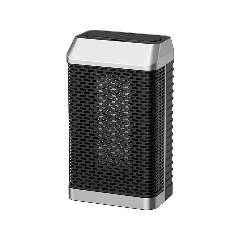 Black remote-controlled desktop heater with compact design and oscillating air vent