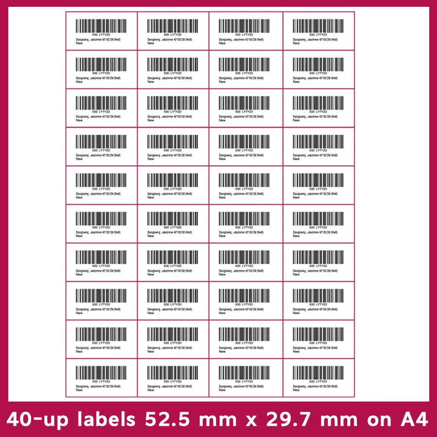Pack of blank A4 FBA label paper sheets showing different grid cut options for barcode printing.