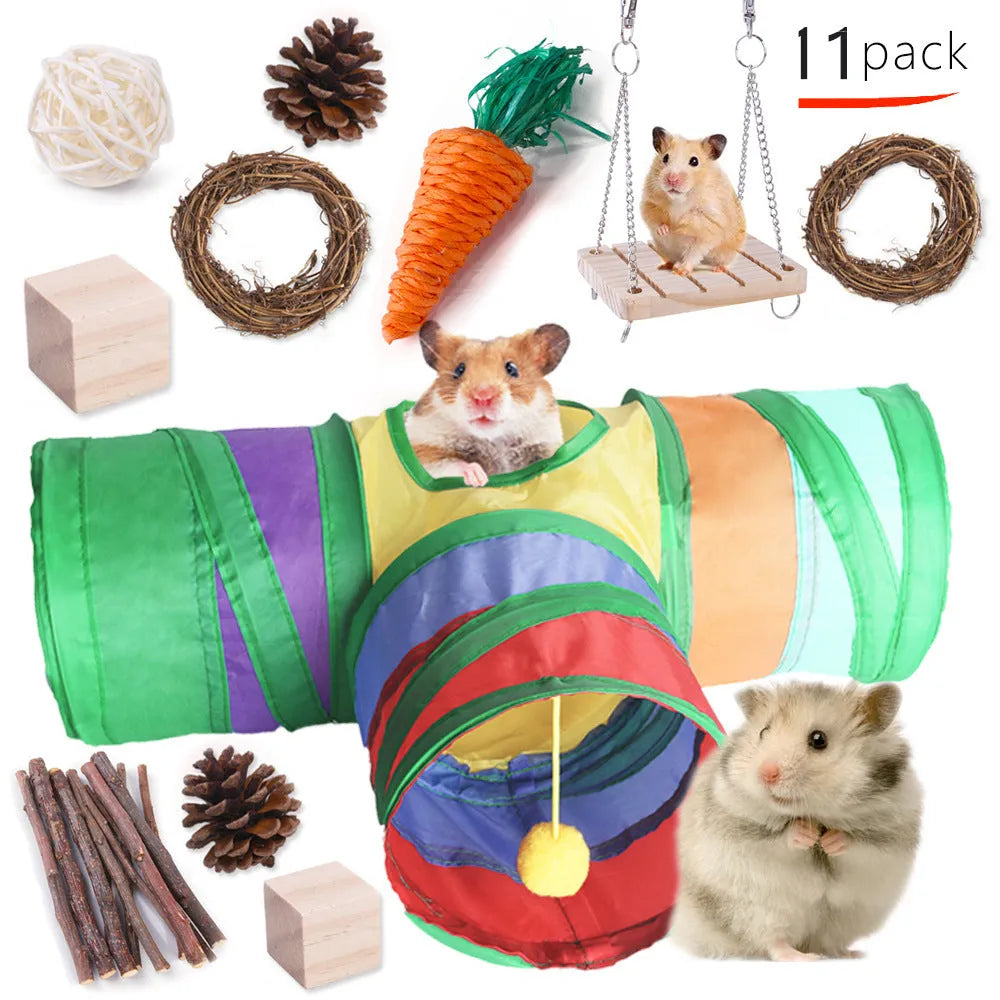 Wooden toy combination set for rabbits, guinea pigs, and parrots with straw mattress and natural material balls