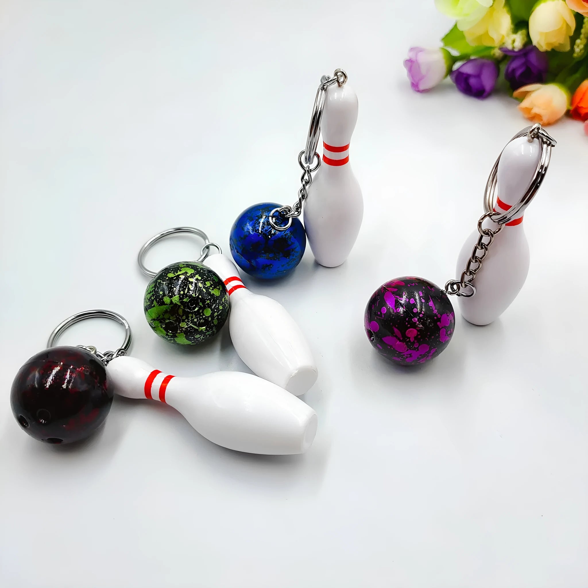 Mini simulation sports bowling ball keychain pendant charm in PVC metal with key ring