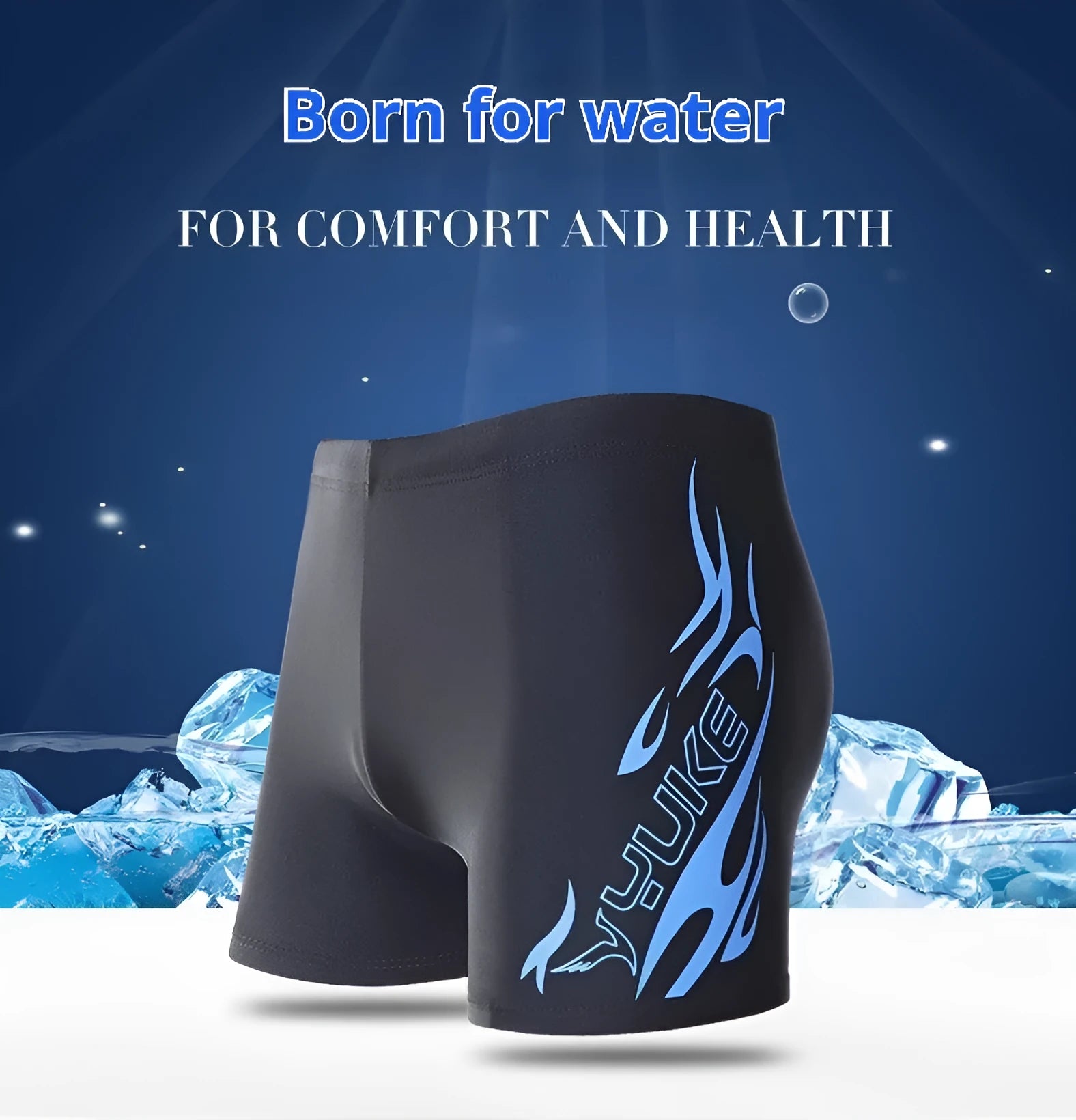 Men's plus size polyester swimming trunks with blue fire flame pattern on black background