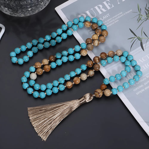 108 Mala necklace with blue pine painted turquoise beads on spherical beaded chain