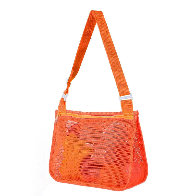 Blue nylon mesh travel storage bag with black handle and zip seal for children's clothing organisation