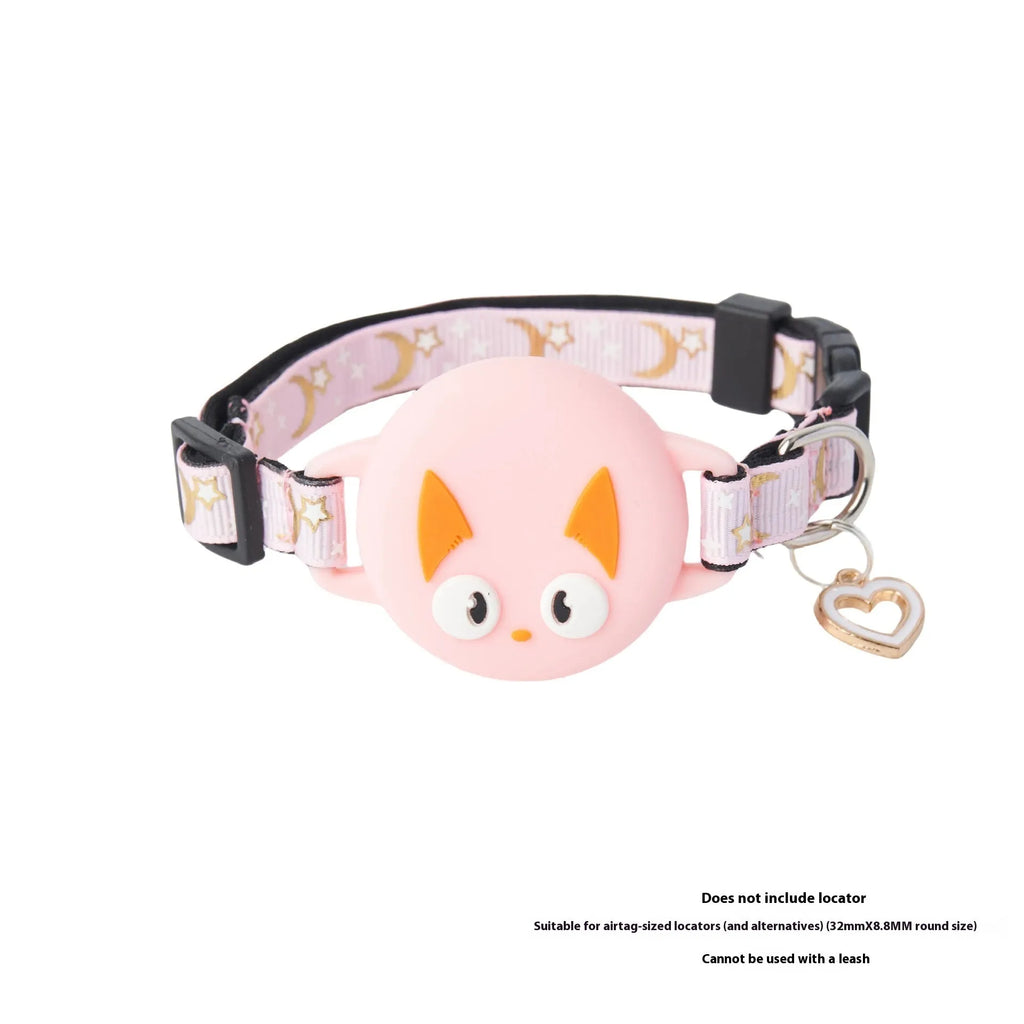 Pink adjustable cat collar with a built-in white plastic case for an Apple AirTag, shown on a size S setting.