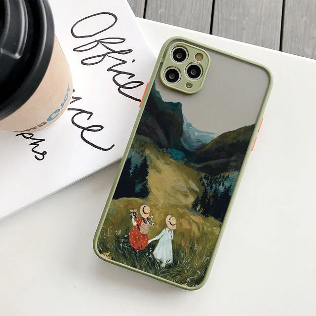Vintage cartoon scenery girl phone case for iPhone models with Japan and South Korea style, options A B C